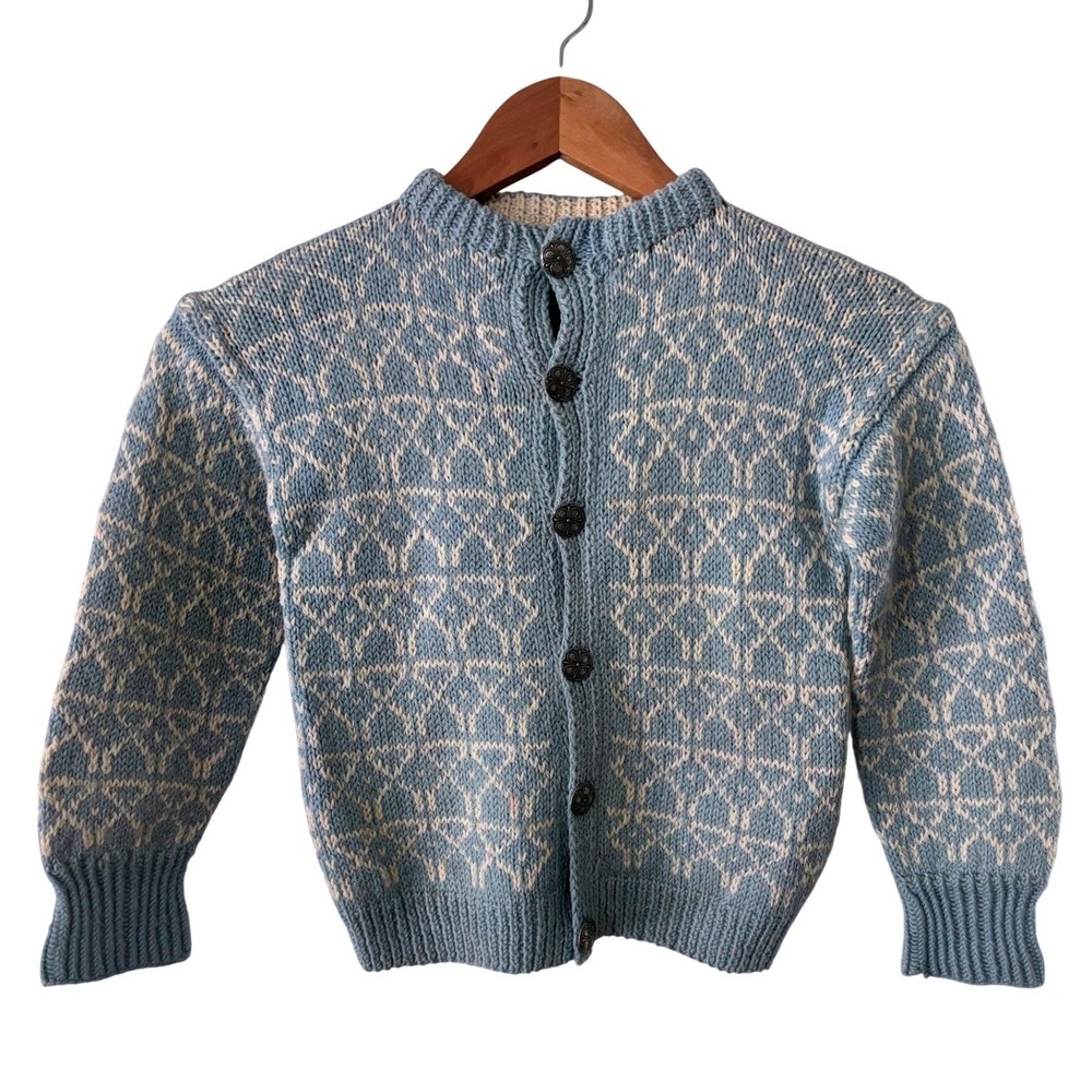 Handmade Wool Norwegian Cardigan Sweater Blue  Fair Isle Metal Buttons